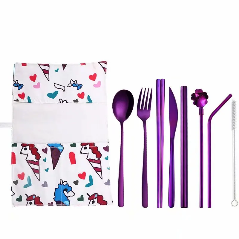 Набор посуды для путешествий, кемпинга, набор стальных столовых приборов, многоразовая посуда, металлическая соломинка, ложка, вилка, набор ножей с портативной сумкой - Цвет: 9pcs purple4
