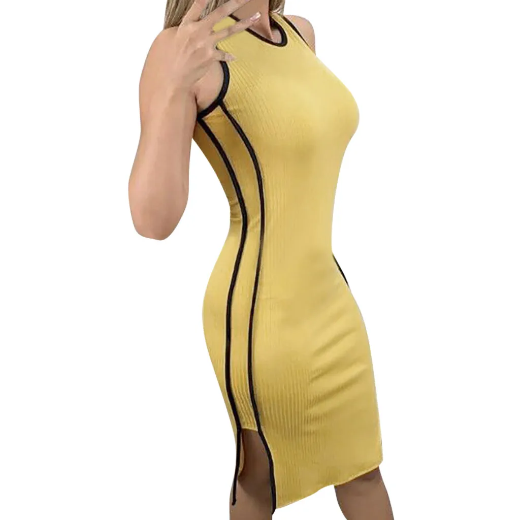 

Leisure Lady Girls Sport Slim Knee Length Dress Women's Sexy O Neck Pure Color Sleeveless Dresses Casual Summer Sheath Dresses