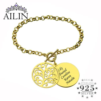 

AILIN Engraved Family Tree Bracelet in Silver Disc Name Bracelet Tree of Life Jewelry Mother's Day Gift