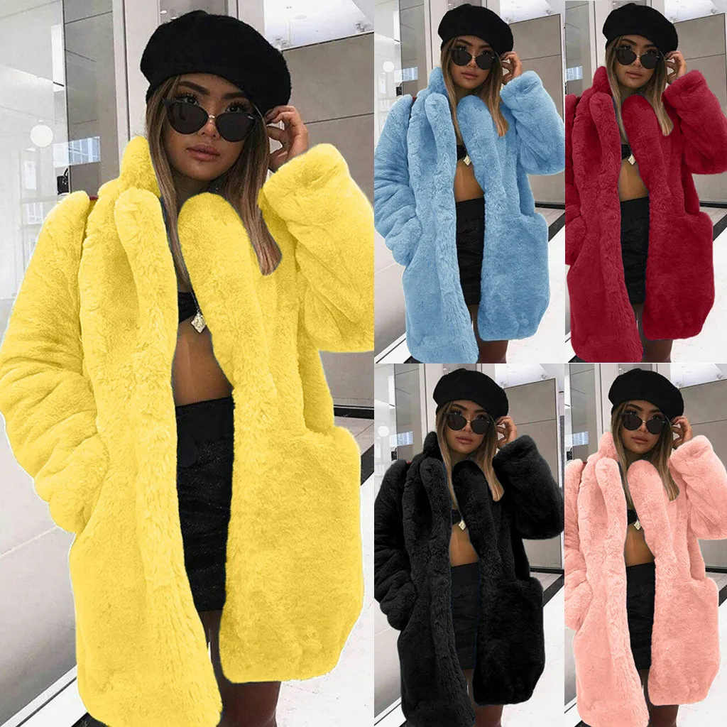 Winter Women Faux Fur Coat Solid Long Sleeve Jacket Cardigan Pock Overcoat Warm Outwear Yellow Pink Blue Wine Black Fur Coat