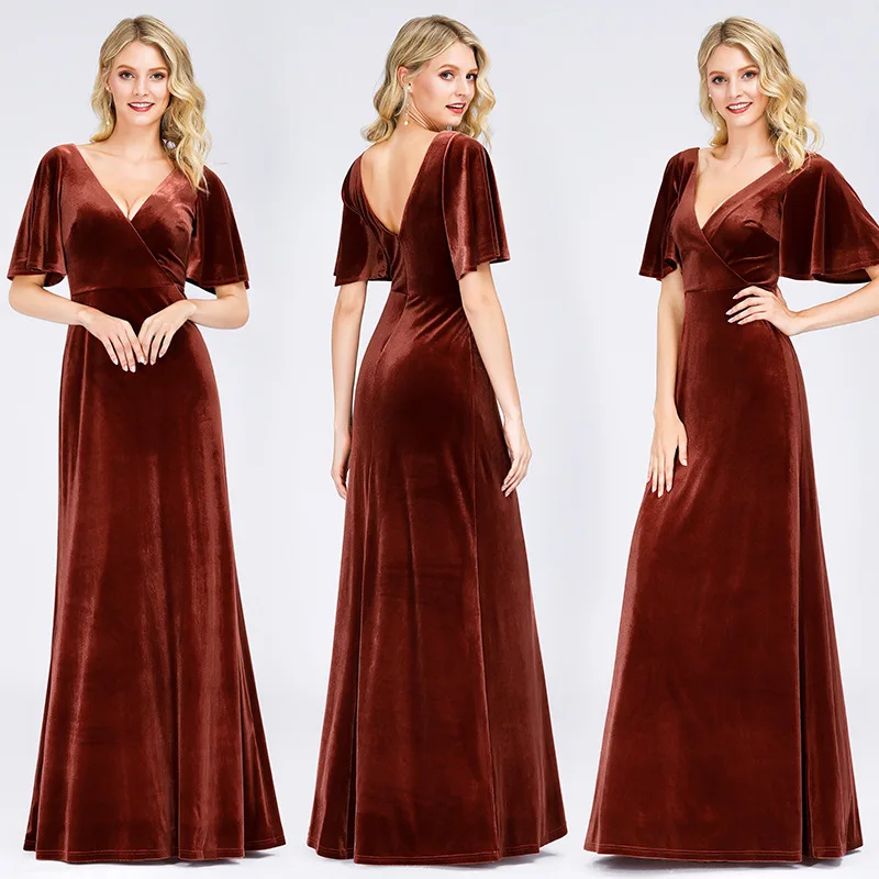 

Europe And America Summer New Style Flounced Sleeves Deep-V Velvet Dignified Brick Red Annual General Meeting Dinner Formal Dres
