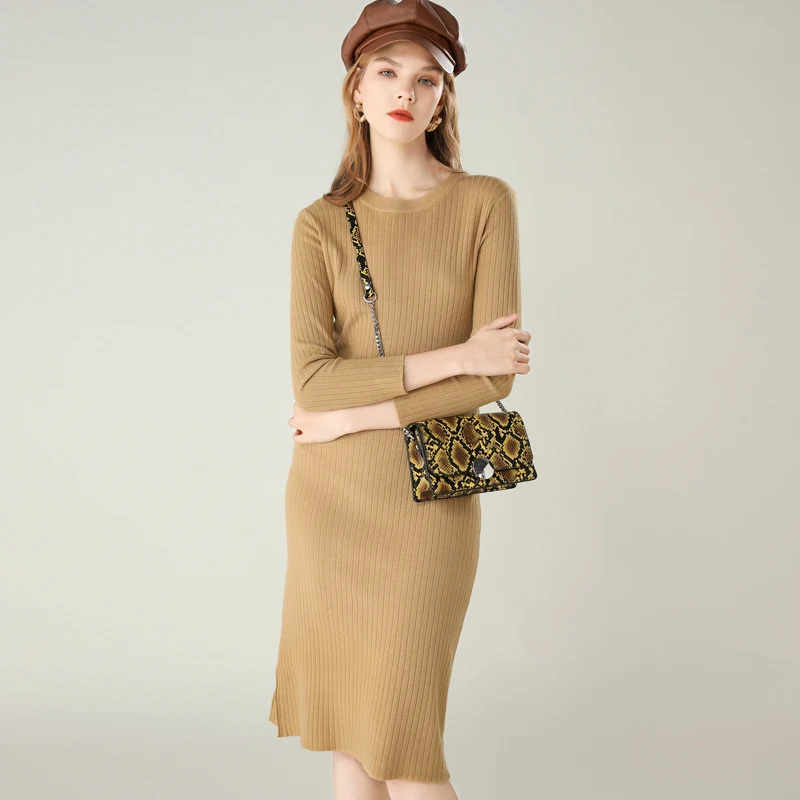 Осенне-зимнее Новое тонкое платье для женщин с круглым вырезом, модные длинные свитера с длинными рукавами, шерстяное вязаное платье для женщин