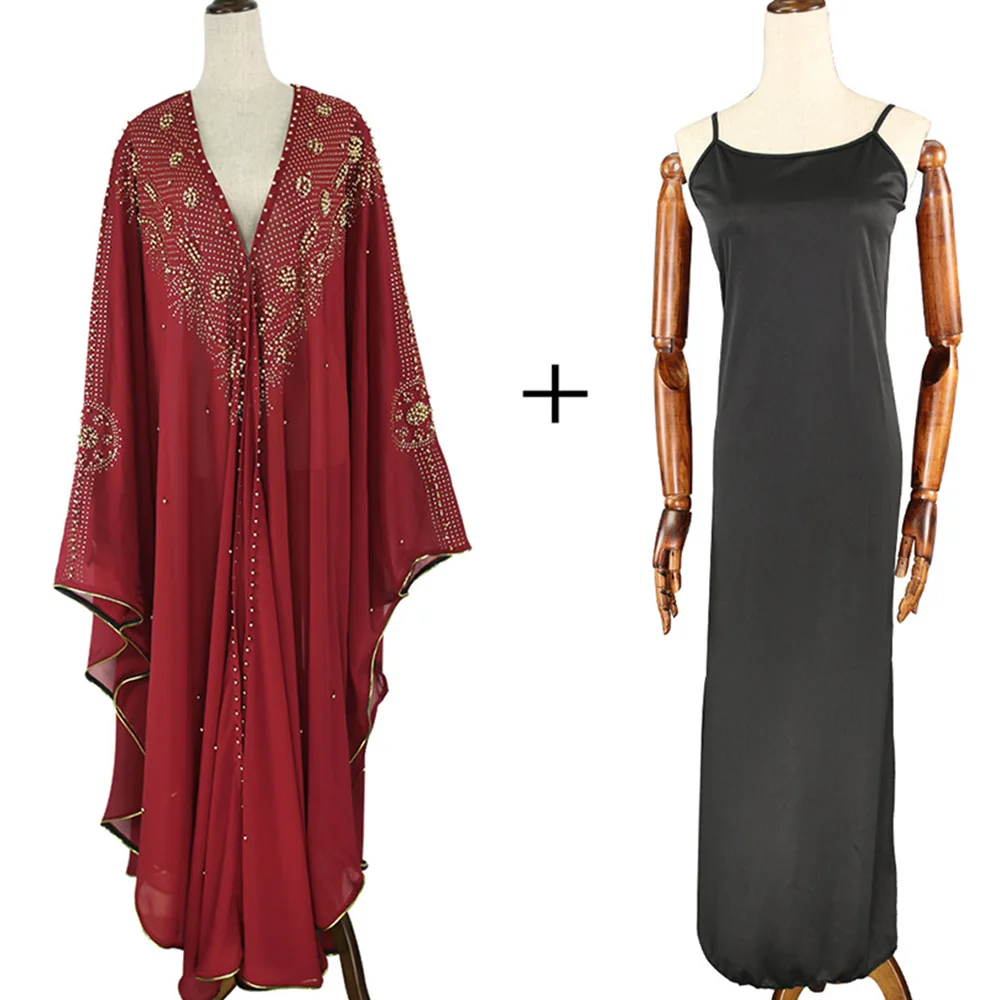 Abaya Jilbab Muslim Maxi Dress Solid Two Piece Plus Size Beaded Kaftan Long High Waist Vintage Fashion Islamic Clothings Robe