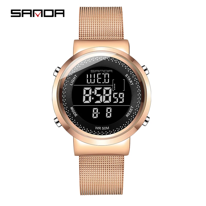 384L Women Rose gold SANDA модные парные часы для мужчин и женщин Роскошные из нержавеющей стали водонепроницаемые цифровые часы со светодиодами электронные наручные часы для влюбленных - Цвет: 384L Women Rose gold