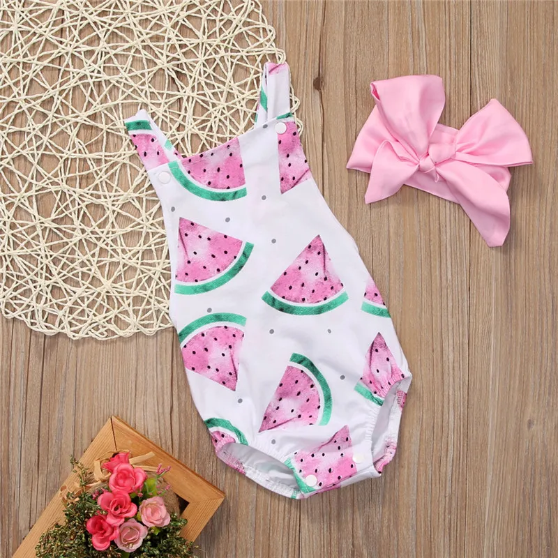 Summer Cute Baby Girls Romper Jumpsuit Headband Watermelon Printed Outfits Sunsuit Set New 0-24M Children Kids Clothes Hot baby outfit matching set