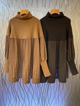 

2020 Early Autumn New Women's Scarf High Collar Irregular Pleated Stitching Long Sleeve Loose Mid-Length Top 904