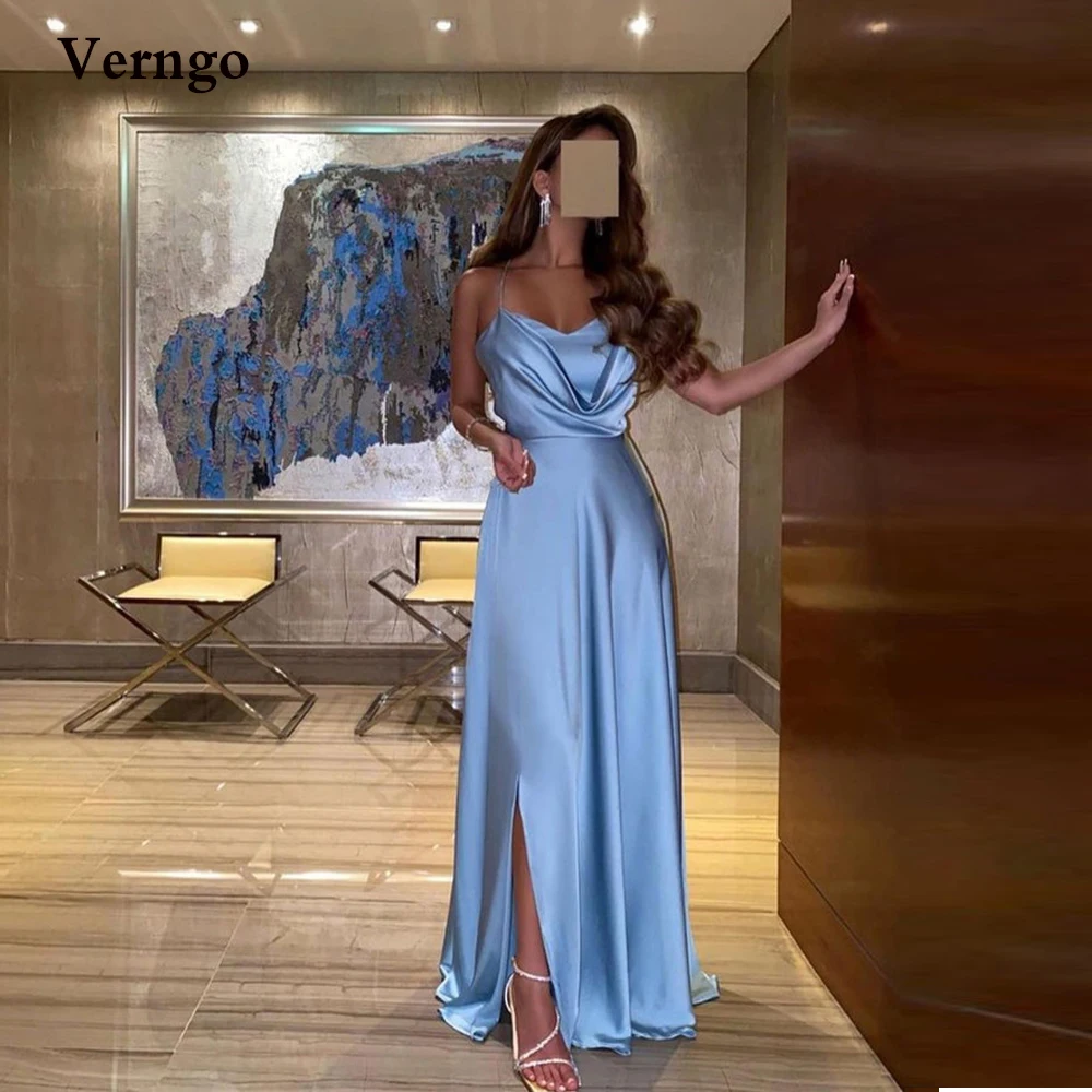 

Verngo Pale Blue Satin Long Evening Dresses Halter Criss Cross Straps Back Simple Prom Party Gown Elegant 2022 Women Dress