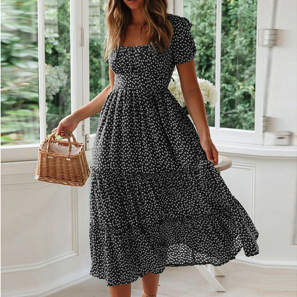 2020 Women Summer Dress Women Casual Bohemian Short Sleeve Square Neck Wrap Boho Maxi Dress Female Vestidos Plus Size Robe