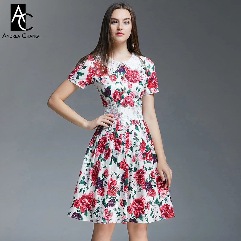 S-xl весенне-летнее женское платье белый фон зеленый лист красный цветочный узор платье с принтом милое бальное платье Милое Платье До Колена