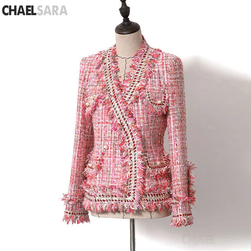 Женский твидовый Блейзер модельный элегантный шерстяной пиджак с v-образным