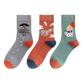 

Art Illustration Socks for Women Leisure Street Skateboard Cotton Sock Umbrella Girl Leopard Couple Cup Socks Ins Fashion Q1663