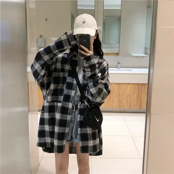 

Plaid Shirt BF Female Korean Version of The Shirt Design Sense of The Minority Women Long Sleeve Shirts Polyester Streetwear