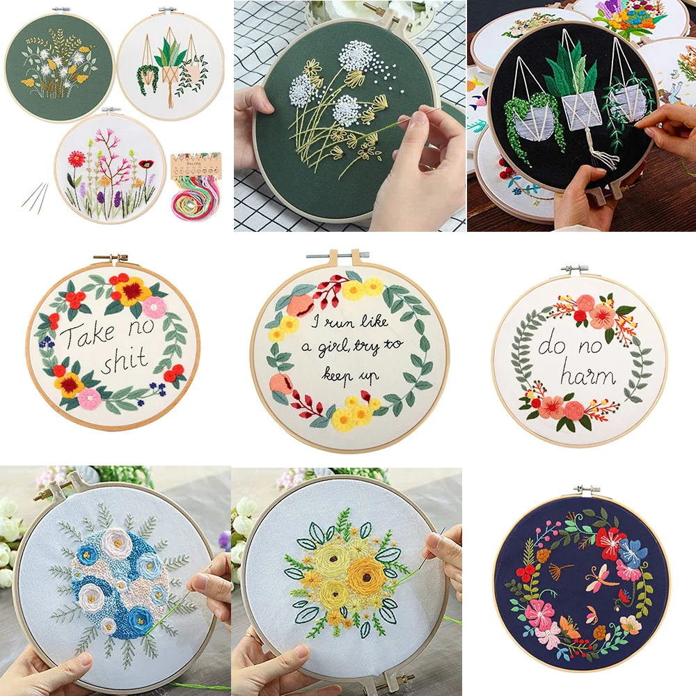 DIY Flowers Plants Pattern Embroidery Kit Needlework Tools Printed Embroidery Fabric Round Kit DIY Sewing Craft