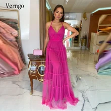 

Verngo 2021 Hot Pink Tulle A Line Long Prom Dresses Sexy Halter Criss Cross Backless Floor Length Evening Occasion Gowns