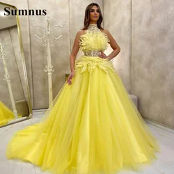 Sumnus Yellow Feather African Dubai Prom Dresses High Neck Sleeveless A Line Evening Dress Vintage Sexy Formal Party Gowns