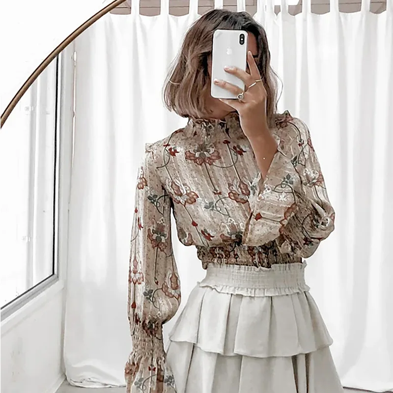 

2020 New Party Women Tanks Tops Chiffon Sexy & Club Flare Sleeve Print Full Ruffles Short Stand Collar MSFILIA