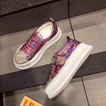 Brand Women Sneakers Slip on Fashion Platform Flats for Lady Spring Autumn Summer Slipony Rhinestone Blingbling Casual Shoes - Цвет: Розовый