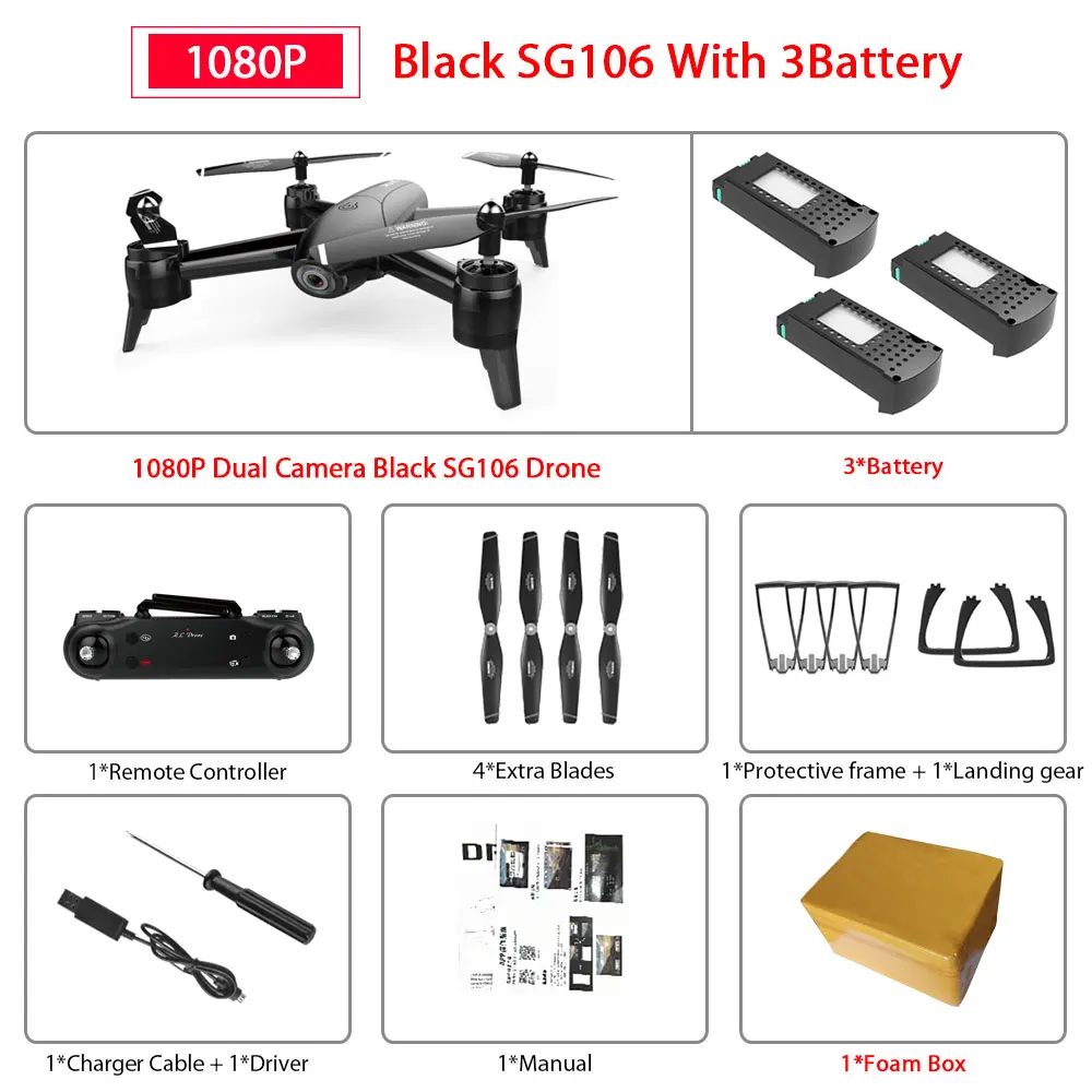 1080P Black 3B FB SG106 WiFi FPV RC Дрон 4K камера оптический поток 1080P HD Двойная камера дроны антенна видео RC Квадрокоптер самолет VS SJRC F11 Дрон - Цвет: 1080P Black 3B FB