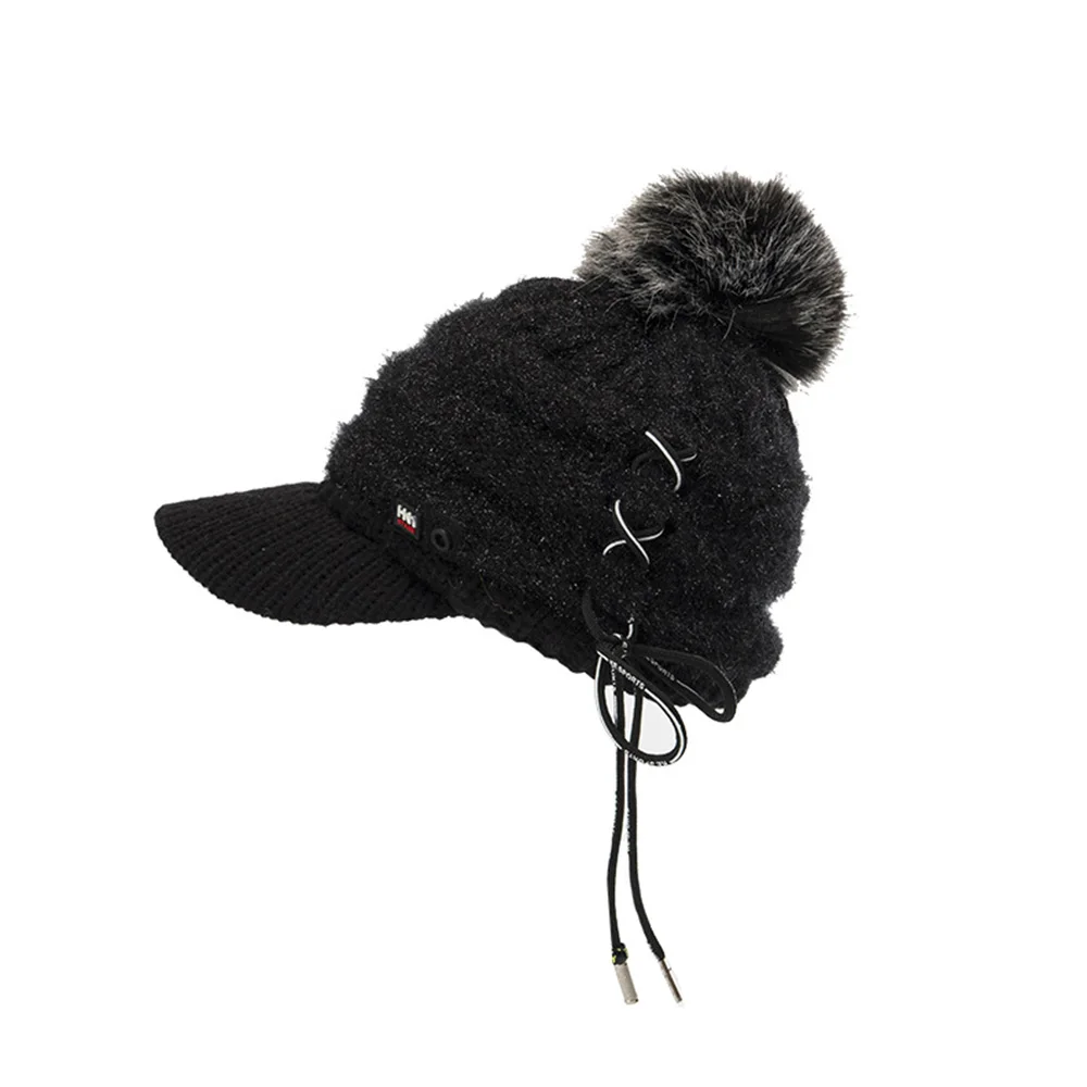 FS Pom Beanie шляпы для женщин зима Мех животных помпоном Skullies шапочки плюс бархат веревки дизайн вязаный Бейсбол кепки - Цвет: Black Knitted Cap
