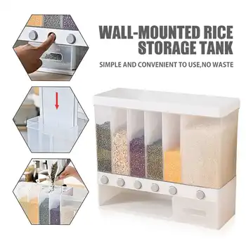 

10KG Wall Mounted Divided Rice and Cereal Dispenser 6 Moisture Proof Plastic Automatic Racks Sealed Food Storage Box