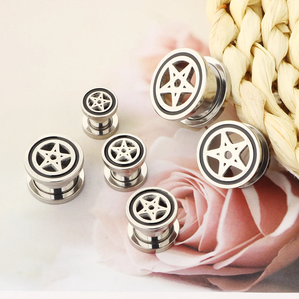 JunlowPY Pentgram Star Ear Plug Tunnels Piercing 316L Stainless Steel Expander for Ear Body Piercing Wholesaless Men Cool 6-16mm