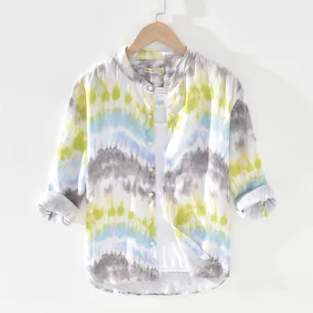 

2020 Men's Three Quarter Sleeve Shirts 100%Linen Summer Casual Print Shirts Man Stand Collar Blouse Tops Y2483