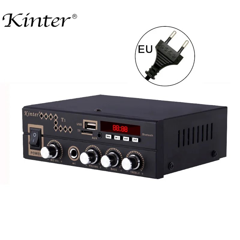 EU plug Kinter T1 мини усилитель аудио hi-fi стерео звук AC мощность DC 12 В с AUX TF USB MIC вход дистанционное управление супер бас высокие частоты - Цвет: EU plug