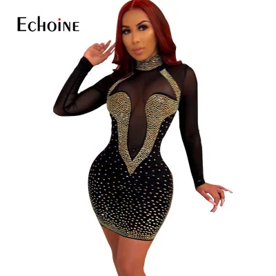

Fall Rhinestone Mesh Sheer Sexy Bodycon Mini Dress Women 2019 New Turtleneck Long Sleeve Tight Dresses Female Party Club Outfits
