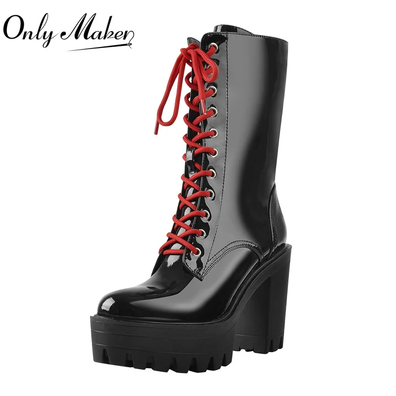 Onlymaker Women Ankle High Lace-Up Boots Side Zipper Chunky Heel Platform Bootie