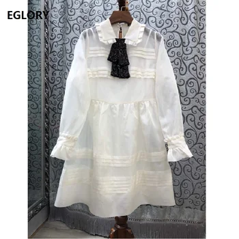 

100%Silk Dress 2019 Autumn Fashion Designer Women's Dress Sequined Bow Patchwork Big Swing Party Princess Lady Dressess White