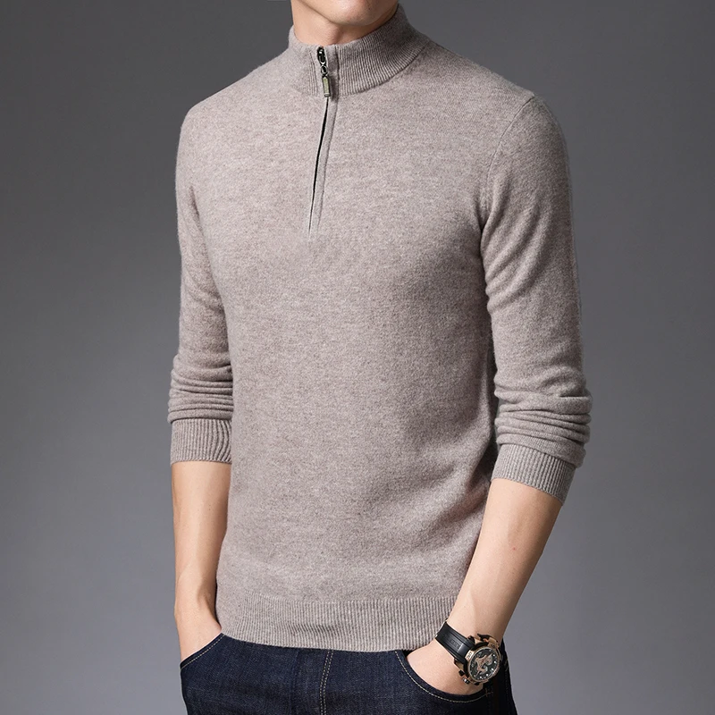 Шерсть, модный брендовый мужской свитер, пуловер на молнии, облегающие вязаные Джемперы, зимняя теплая повседневная мужская одежда на молнии