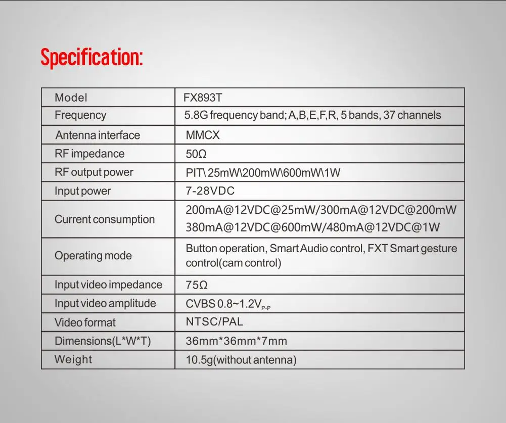 FXT FX893T ARES 5,8 GHz PIT/25 mw/200 mw/600 mw/1 W VTX w/Smart Audio FPV Video MMCX VTX передатчик для RC Racing Drone
