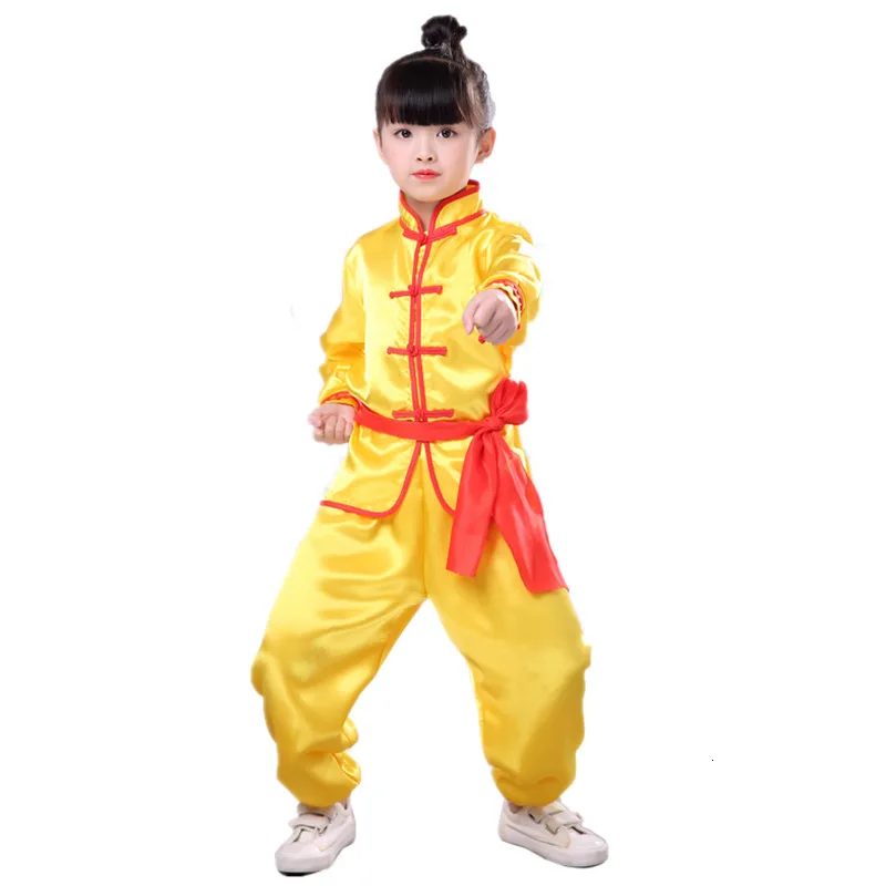 Yellow Long Set Wushu/детские костюмы, платья, короткая военная форма Tai Chi, детская шелковая одежда Wushu, Тан, одежда для людей - Цвет: Yellow Long Set