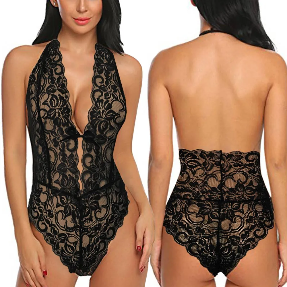 Sexy lingerie black high-end lace low-cut piece  Lace V Neck Halter Babydoll Exotic Apparel One-piece suit sexy pajamas