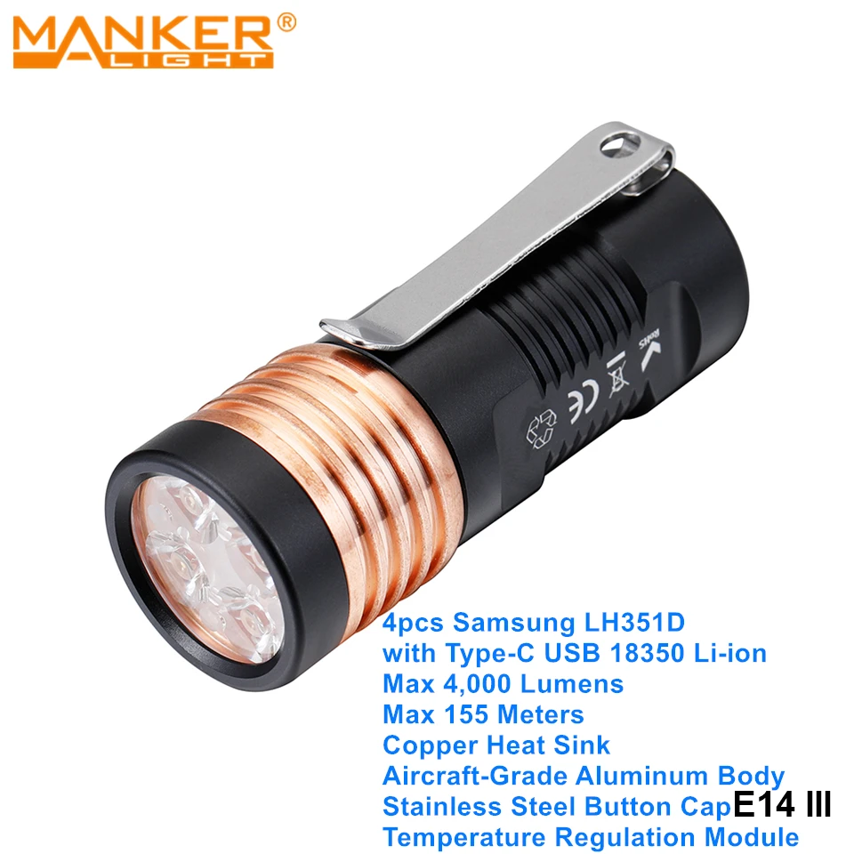 Manker E14 III linterna LED EDC de alta potencia para acampada, luz de bolsillo con batería recargable USB 4000, 18350 lúmenes, Samsung|Linternas antorchas| - AliExpress