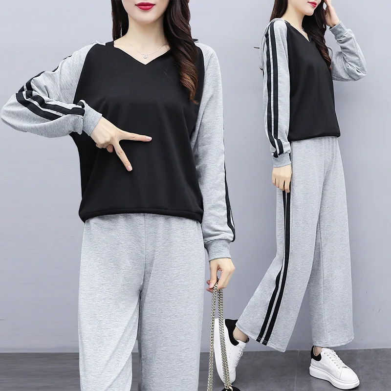 

2019 Autumn And Winter New Style Large Size Dress Fat Mm Plus-sized Slimming Mixed Colors Tops Pants Two-Piece Set Women's Fashi