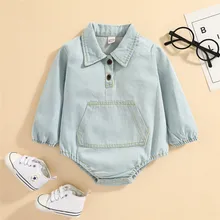 

0-24 Months Newborn Baby Denim Romper With Pocket Light Blue Solid Color Long Sleeve Bodysuits Spring Fall Boy Girl Clothing