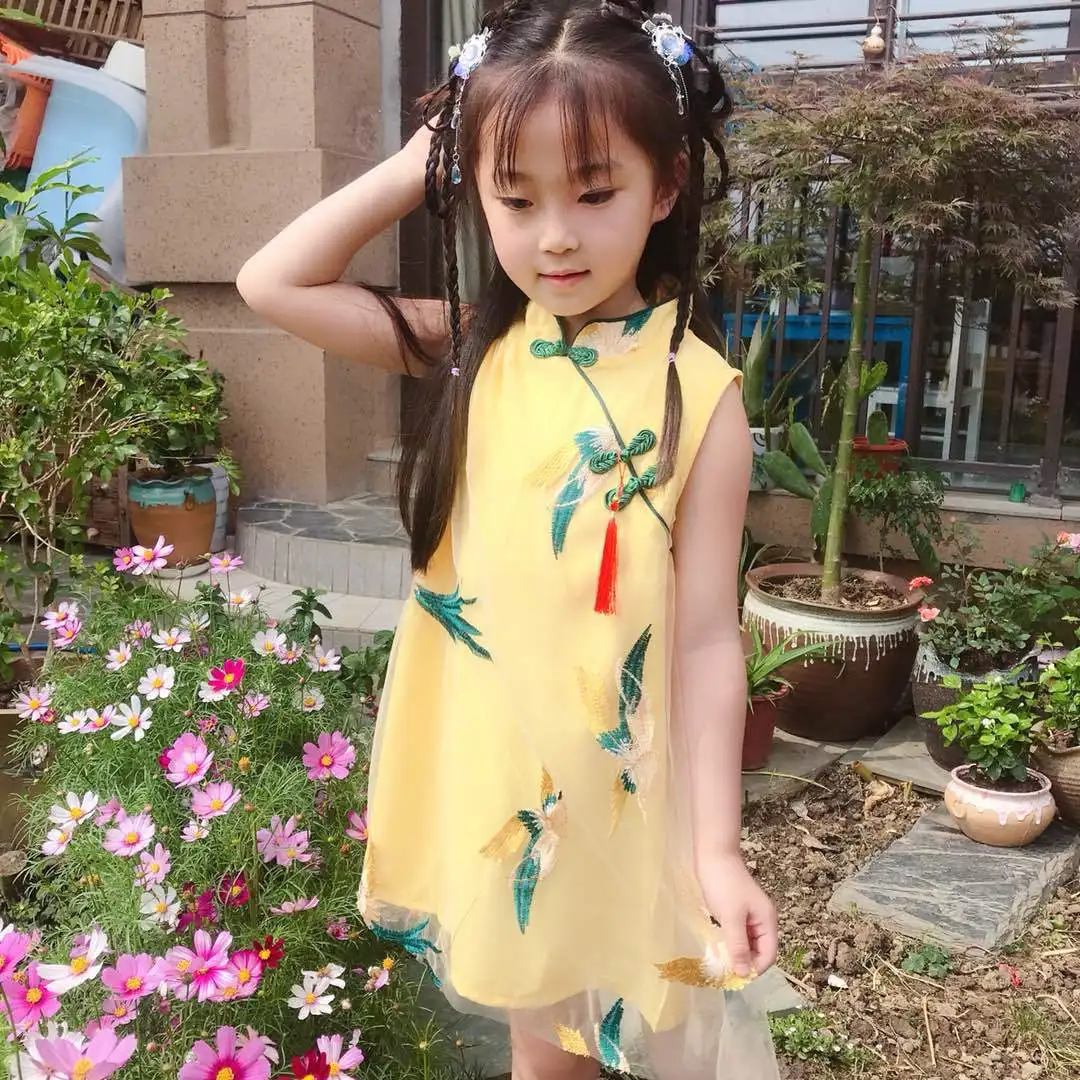 Для девочек футболка с коротким рукавом Cheongsam платье с Фениксом летняя одежда новые летние Стиль Big Boy китайско-Стиль юбка Национальный стиль