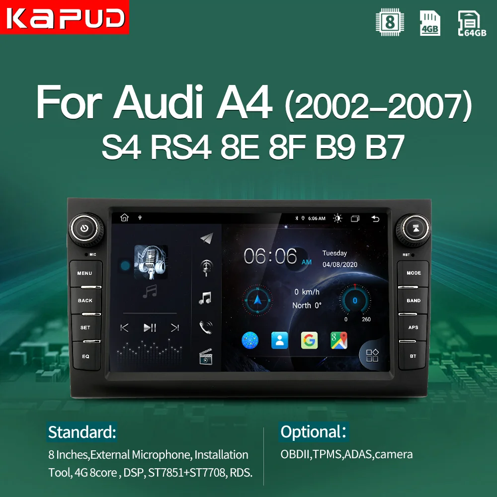 Автомобильный мультимедийный плеер Kapud 8 дюймов для Audi A4 10 0-2002 S4 RS4 B6 B8 B7 BT GPS Wi-Fi DSP
