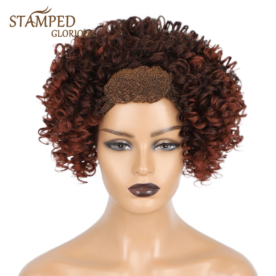 

Stamped Glorious 14inches Short Headband Wig Afro Kinky Curly Cheap Synthetic Wigs For Black Women Heat Resistant Fiber Red Wig