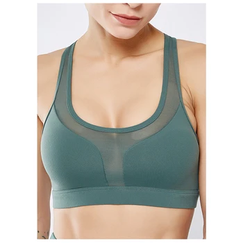 

Women Yoga Bra Gym Fitness Paded Soft Absorb Sweat Athletic Sports Underwear Mesh Splicing Shockproof Back Pocket High Elastic