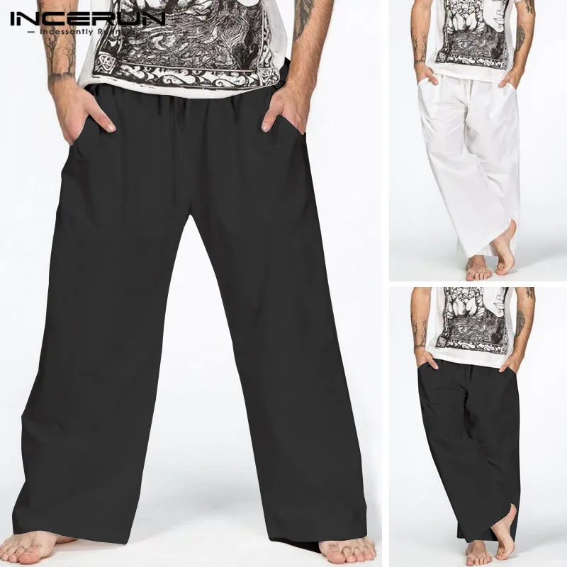 INCERUN Лето 2019 мужские широкие брюки новые Однотонные эластичные талии ремень Хлопок Свободные повседневные уличные мужские модные брюки