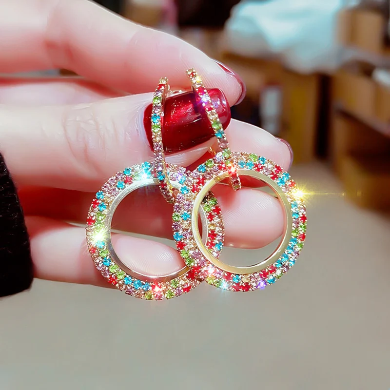 S925 Серебряная игла микро-инкрустация радужные кристаллы круг капли воды геометрические серьги для женщин сверкающие вечерние ювелирные изделия