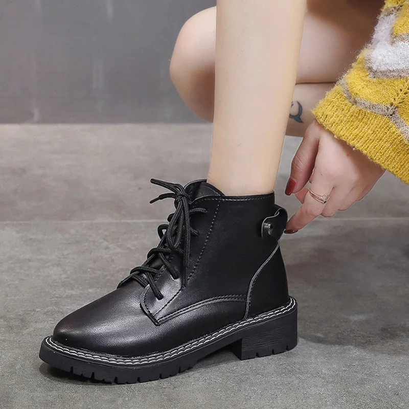 Classic Women's Black Martin Boots Spring Casual Lace Up Handsome Short Booties Round Head Non Slip Ankle Shoes Ladies