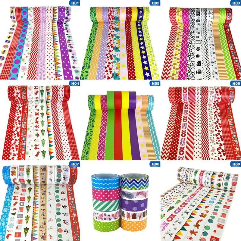 10Pcs Decorative Snow Deer Christmas Tree Washi Tape Set Rice Paper DIY Scrapbooking Adhesive Masking Tape 1.5cm*5m Stationery