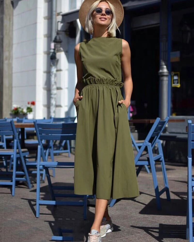

Summer new fashion women's long dress casual o-neck sleeveless ruffled loose dresses elegant beach marx dress Vestidos
