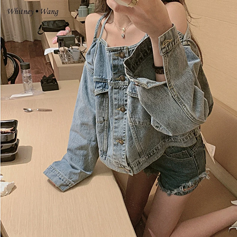 denim jacket off the shoulder