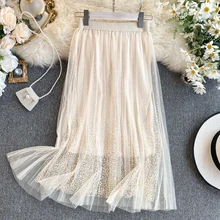 Весна лето Женская эластичная талия бронзовая марлевая плиссированная юбка с высокой талией шикарные сетчатые юбки