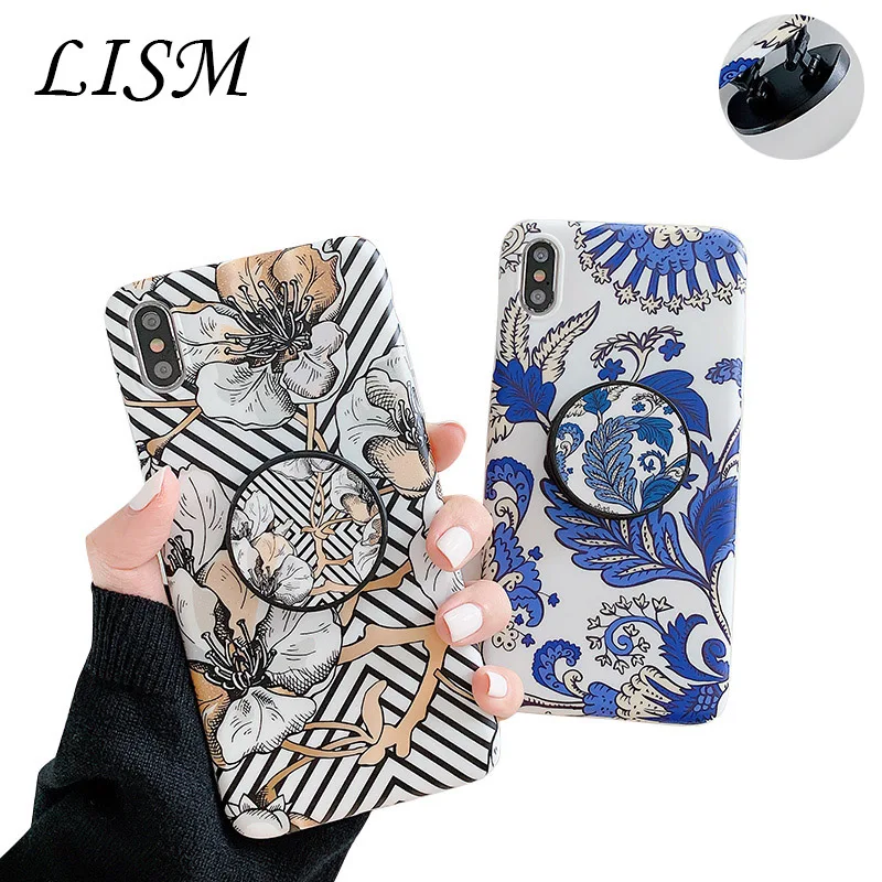 

Bracket cell Phone Case For iPhone 7 Plus XS Max XR soft TPU Cases For iPhone X 8 Plus Cover with Golden feathers and Flower