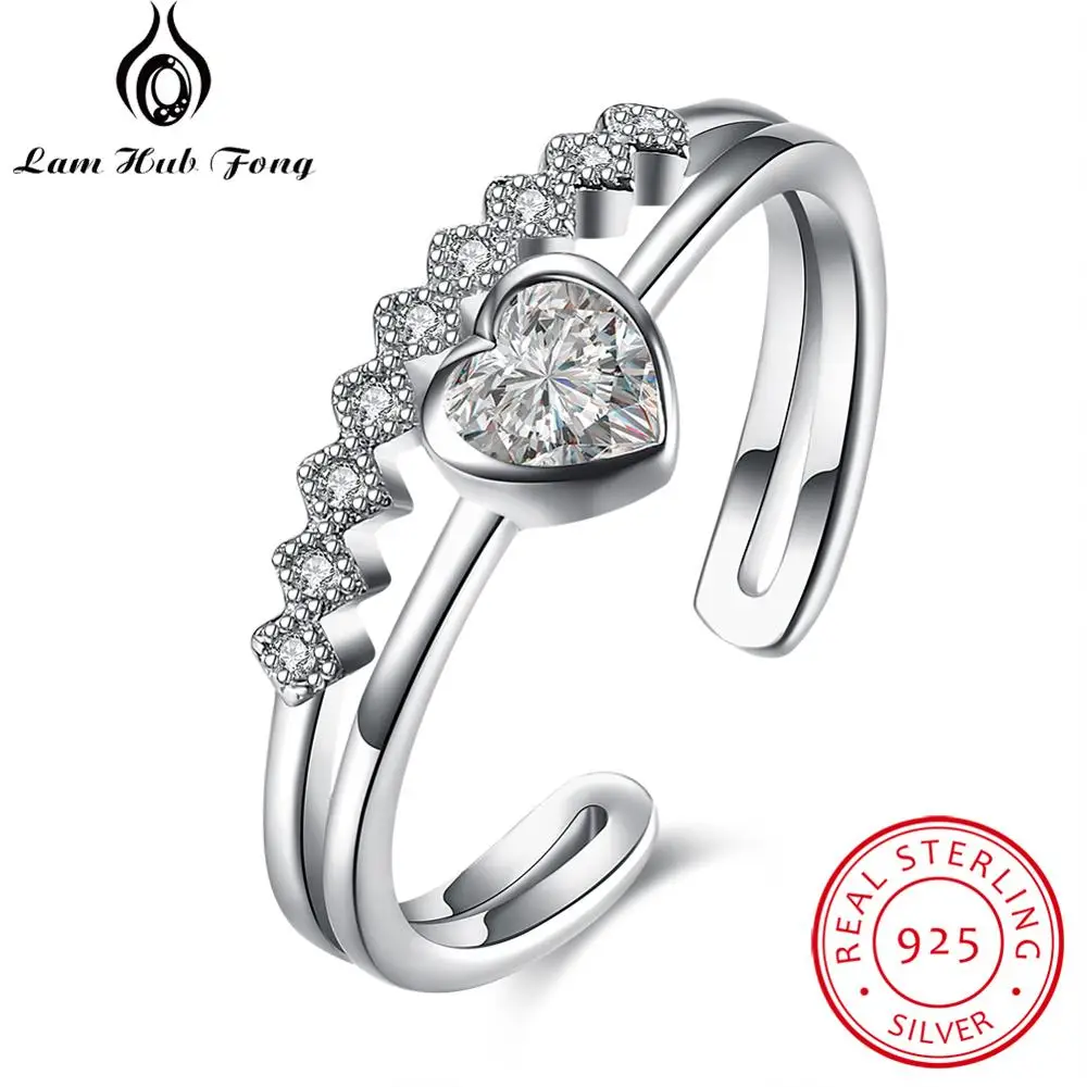 

925 Sterling Silver Heart Finger Rings for Women Double Layer Wedding Engagement Ring Open Size Fine Jewelry (Lam Hub Fong)